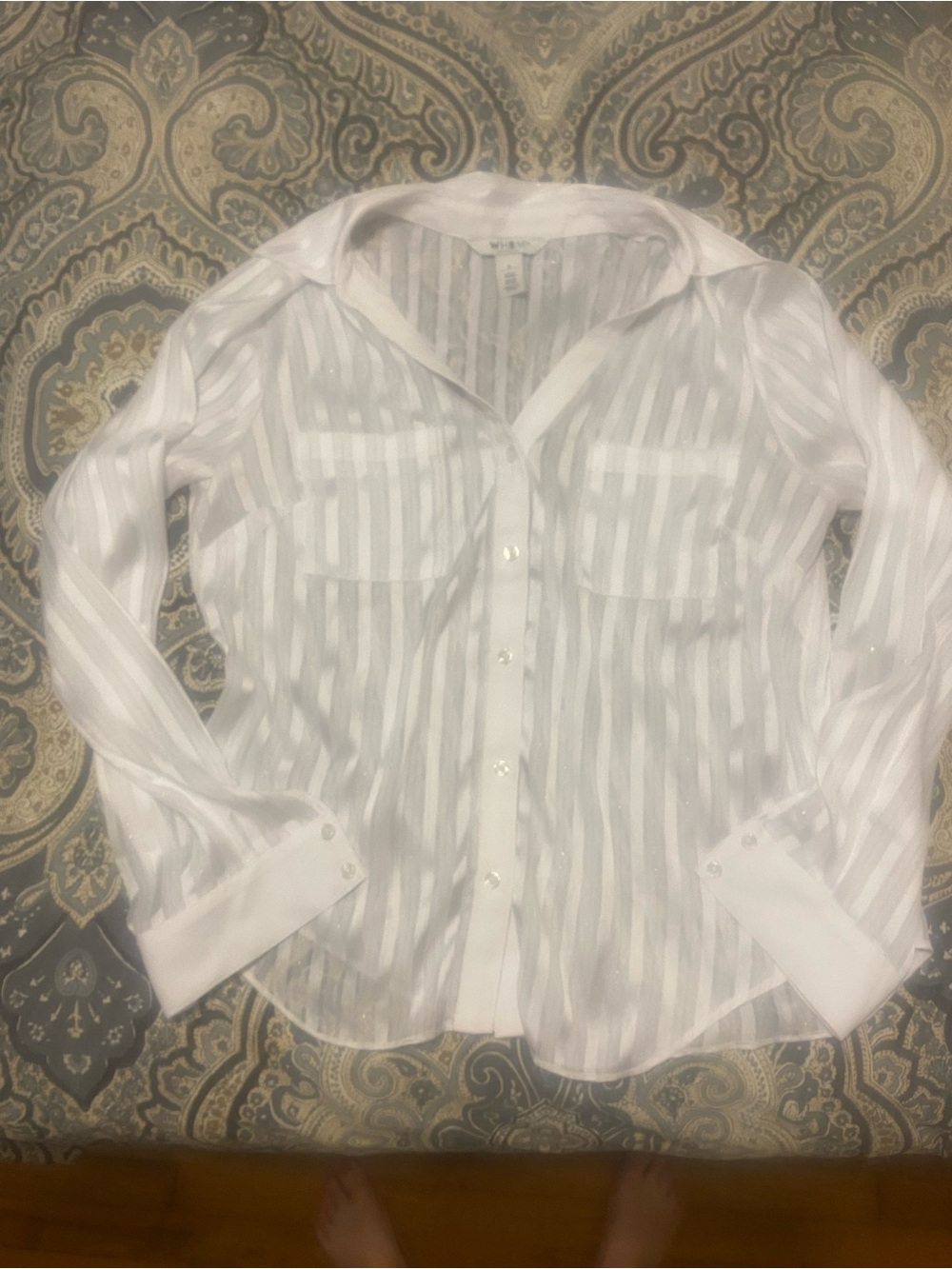 White House Black Market Sheer White Striped Blouse - Picture 2 of 8